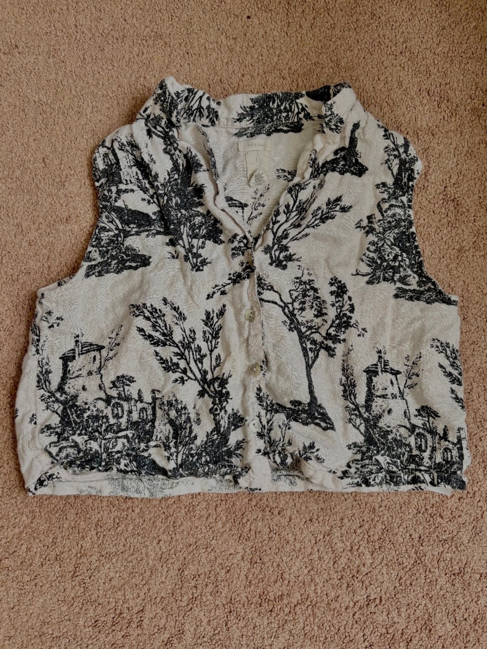 Joie 100% Linen Toile Print Button Front Top Crop Coastal Old Money Luxe Size M